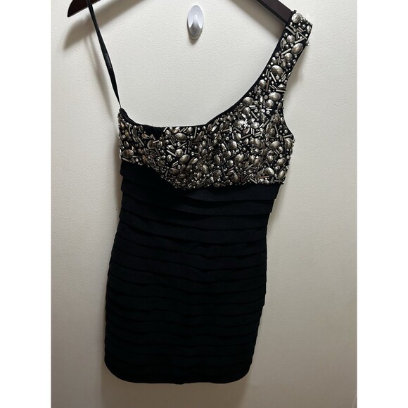 Tony Bowls Black One Shoulder Dress 8 Beaded Bandage Cocktail Bodycon Glam Y2K - Picture 1 of 9